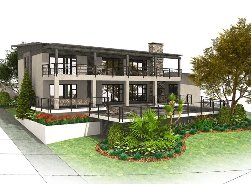 A 3D architectural rendering of a modern multi-level residential property featuring expansive decks, a stone chimney, and landscaped garden areas.