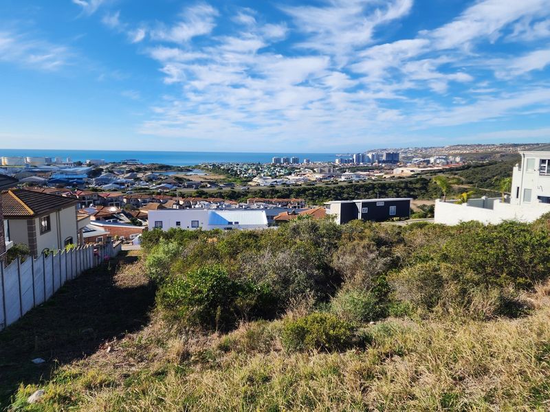 Elevated view overlooking the surrounding residential neighborhood and distant coastline, showcasing the potential for a scenic build on this vacant land.