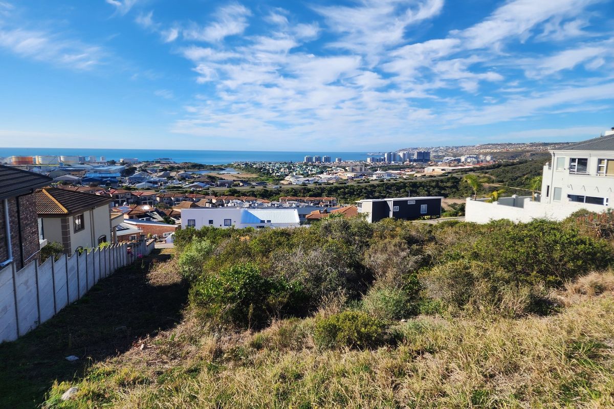 Elevated view overlooking the surrounding residential neighborhood and distant coastline, showcasing the potential for a scenic build on this vacant land.