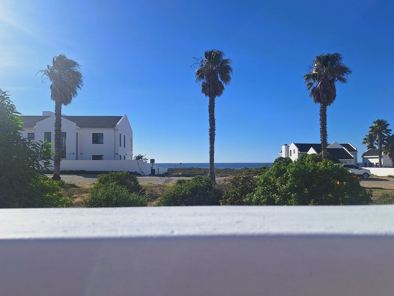 A scenic view overlooking the coastal landscape, featuring palm trees, nearby residential architecture, and a clear horizon line.