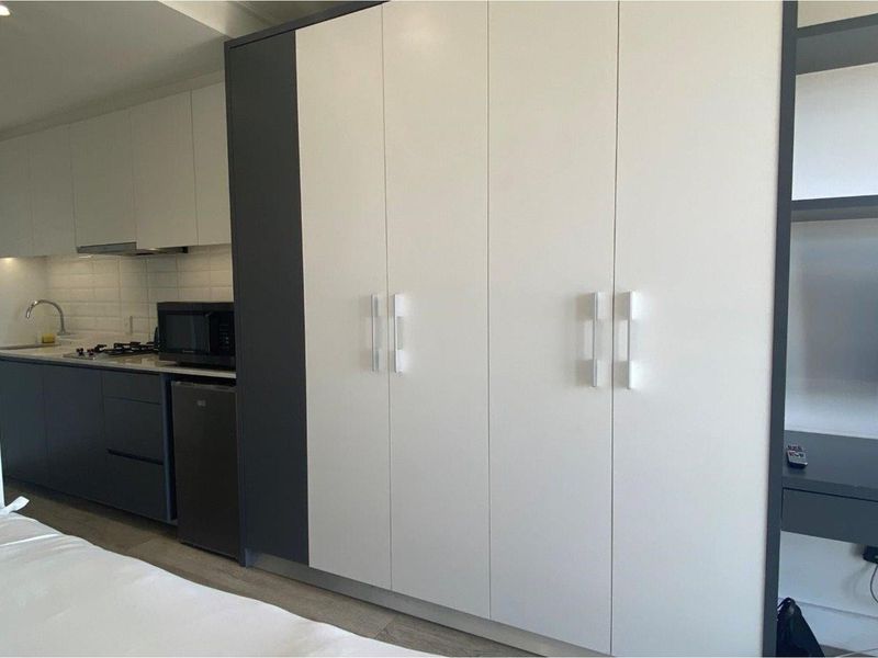 Compact open-plan living area featuring a modern kitchenette with built-in cabinetry, integrated appliances, and a large floor-to-ceiling wardrobe storage unit.