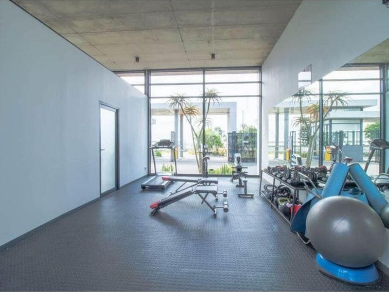 A modern apartment gym featuring a concrete ceiling, rubber flooring, and a large wall mirror, with floor-to-ceiling windows providing natural light.