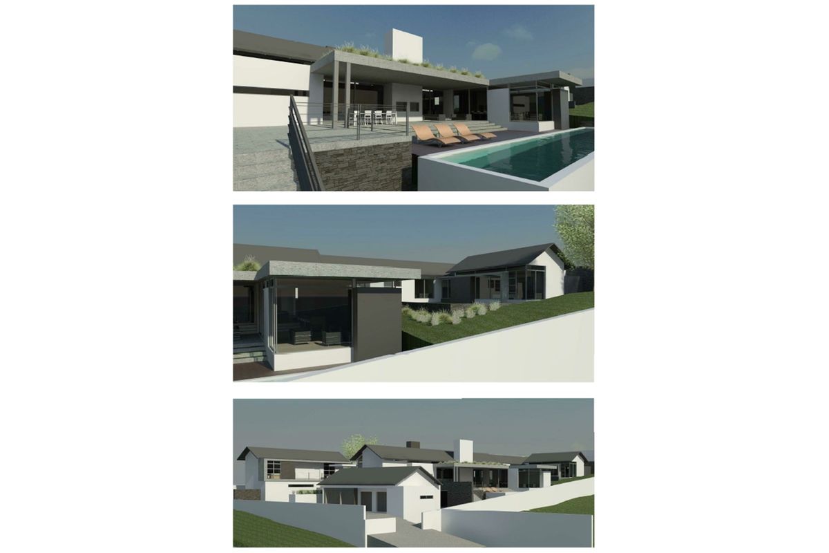 A collection of 3D architectural renderings showcasing the exterior design, pool area, and overall layout of a modern residential property.
