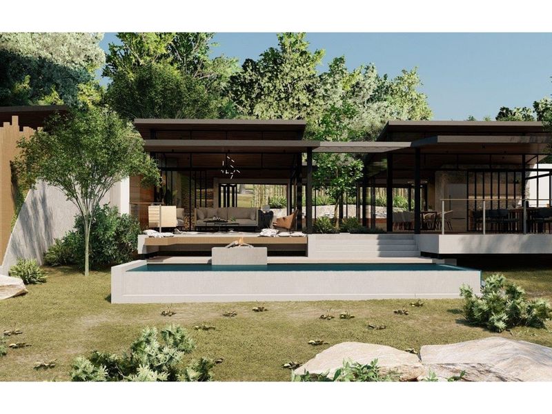 A modern architectural rendering of a luxury residence featuring a swimming pool, expansive patio, and open-plan living spaces integrated with the natural landscape.