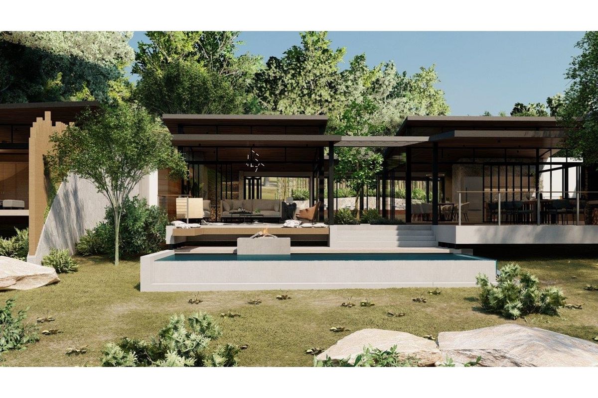 A modern architectural rendering of a luxury residence featuring a swimming pool, expansive patio, and open-plan living spaces integrated with the natural landscape.