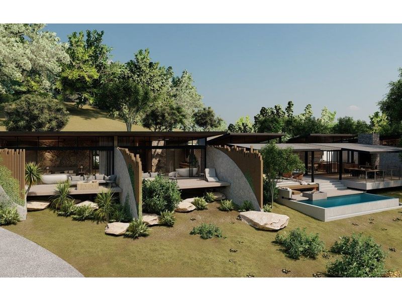 A high-end architectural rendering of a modern residential property featuring expansive outdoor decking, a private swimming pool, and integrated landscaping.