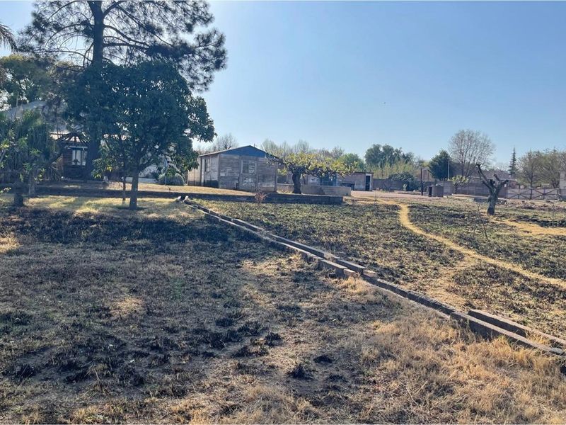 A view of a residential vacant land plot featuring mature trees, a small outbuilding, and a large open area with dry, scorched vegetation.