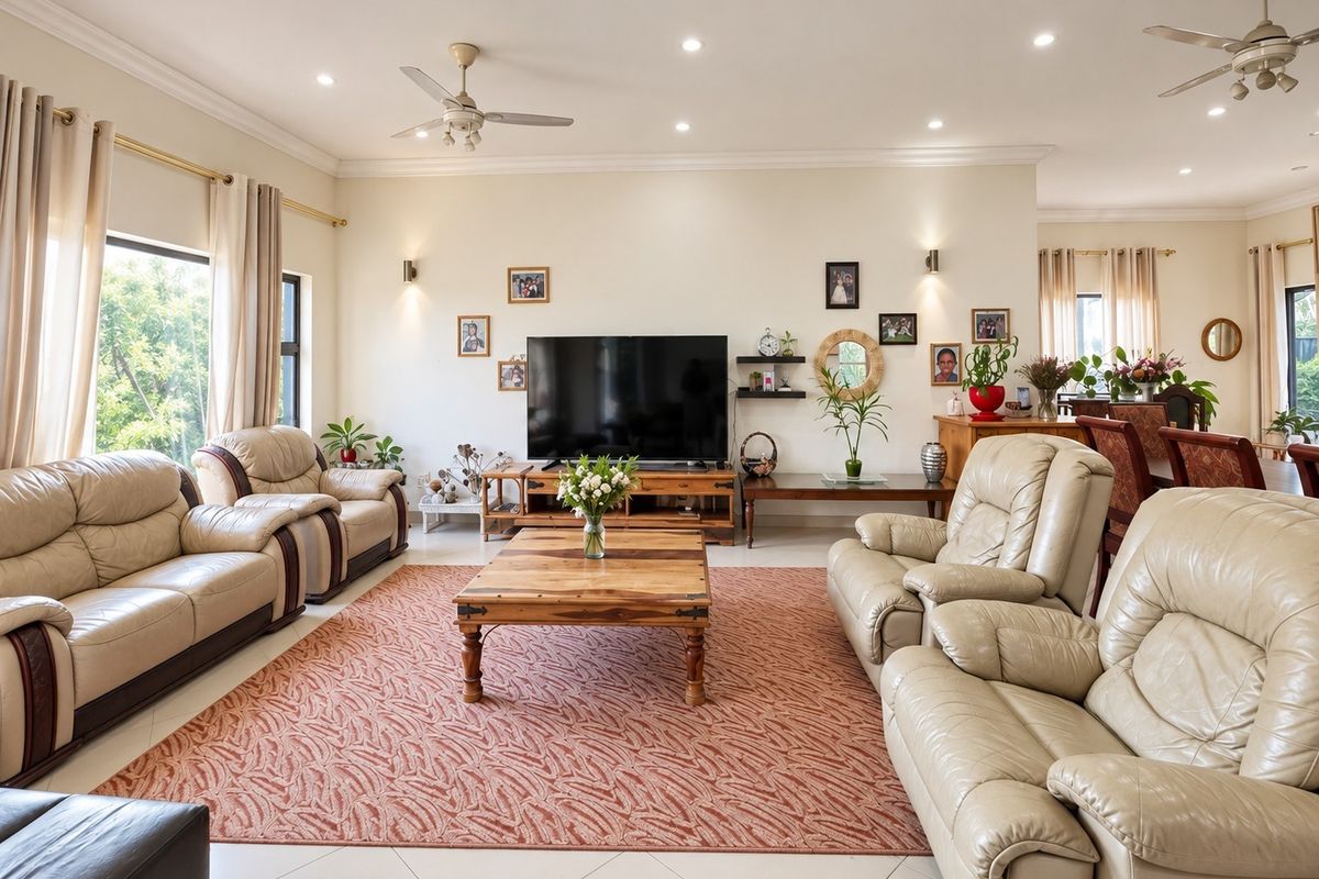 Spacious living room featuring tiled flooring, recessed downlights, and ceiling fans, creating a bright and comfortable atmosphere for relaxation.