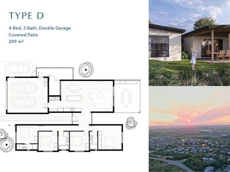A marketing brochure for Type D property featuring a floor plan, exterior patio view, and aerial landscape view.