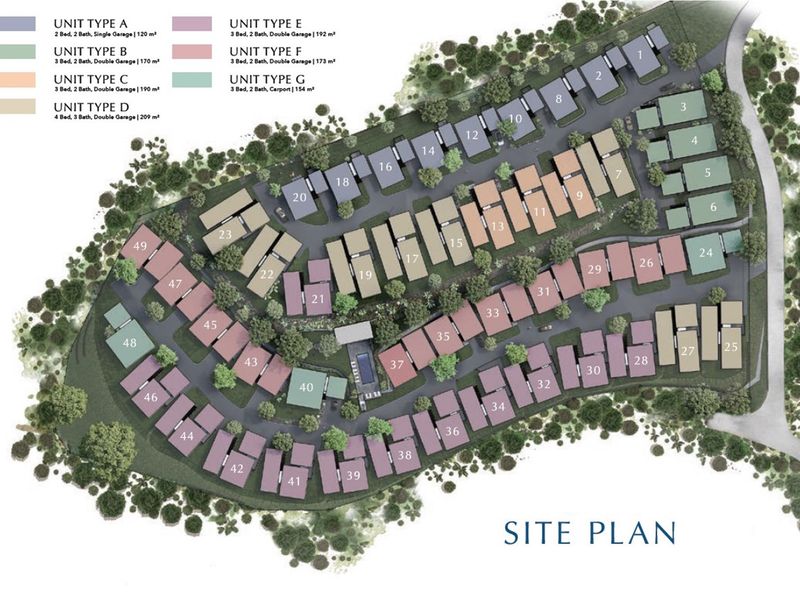 A comprehensive site plan illustrating the layout of the residential development, including various unit types and their respective plot locations.