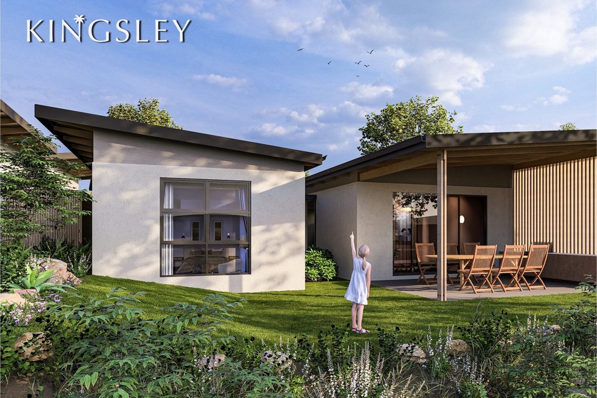 A modern rear exterior view featuring a covered patio area, landscaped garden, and contemporary architectural design with large glass sliding doors.