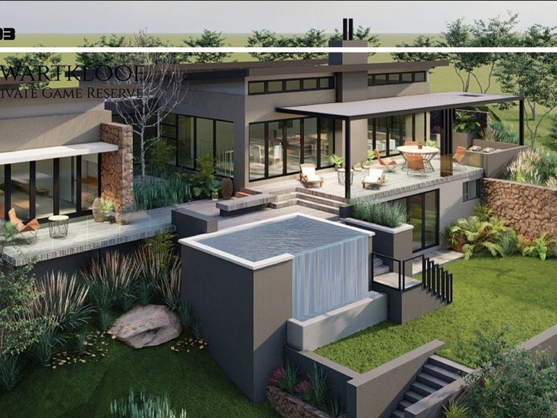 A high-end architectural rendering of a modern residence featuring an infinity pool, expansive covered patio, and tiered stone landscaping in a private reserve setting.
