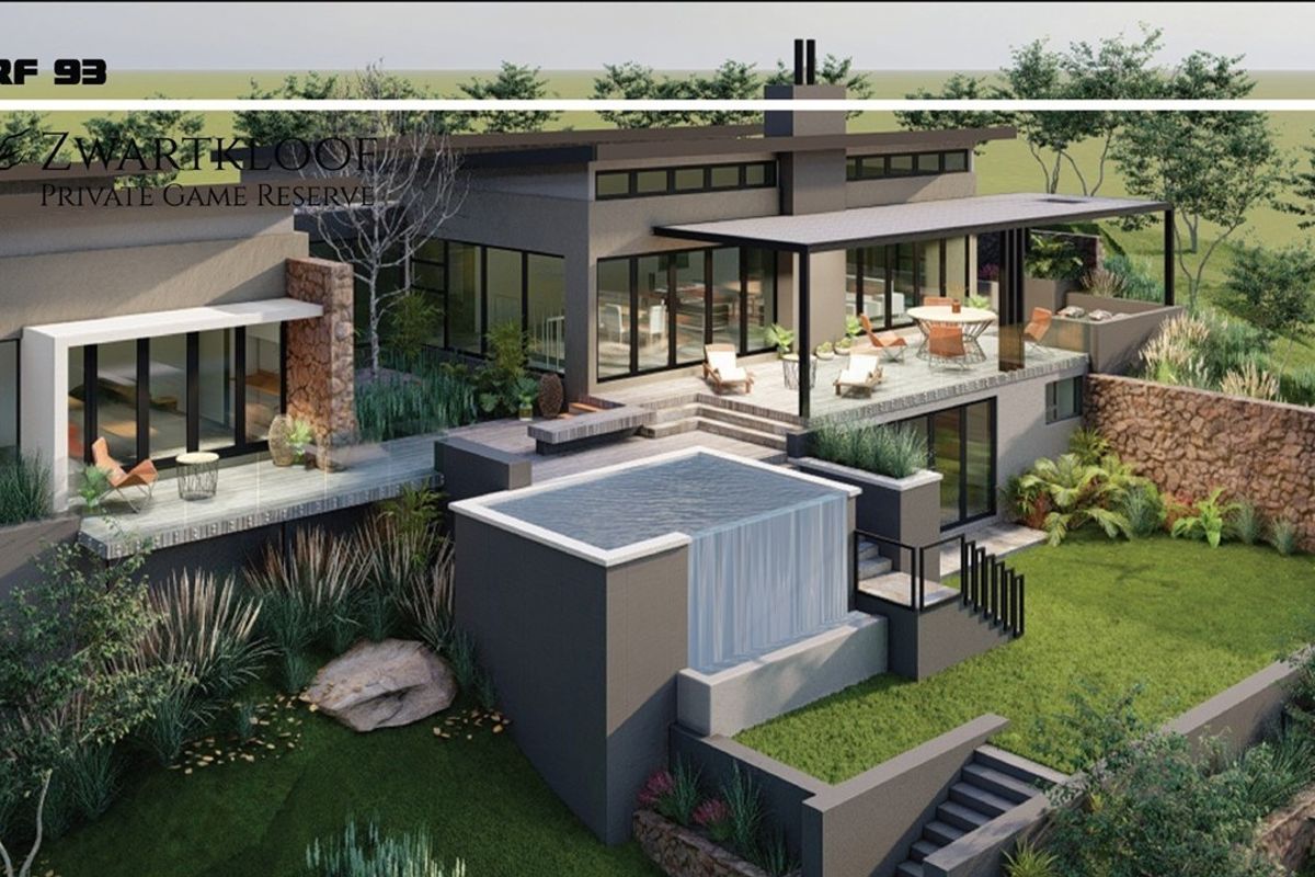 A high-end architectural rendering of a modern residence featuring an infinity pool, expansive covered patio, and tiered stone landscaping in a private reserve setting.
