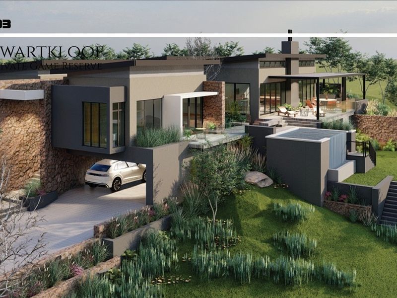 A modern architectural rendering of a luxury residential property featuring stone cladding, integrated parking, and tiered landscaping within a private estate.