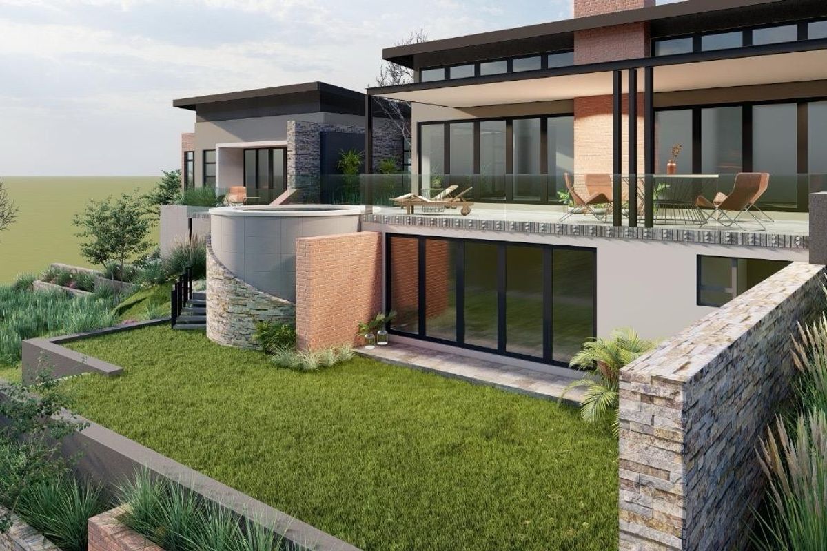 A modern architectural rendering of a multi-level residential property featuring a spacious rear patio, landscaped garden, and contemporary brick and stone facade.