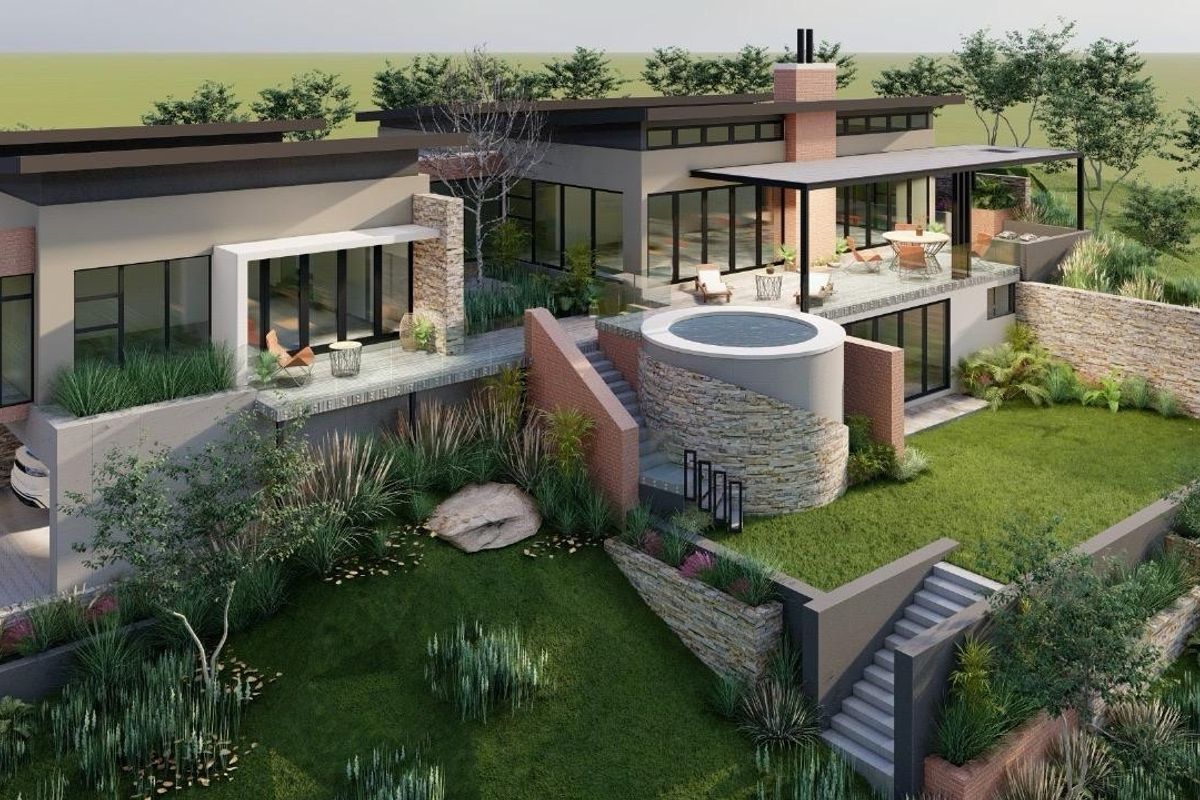 Architectural rendering of a modern multi-level residence featuring a pool, expansive patio, stone cladding, and landscaped garden areas.