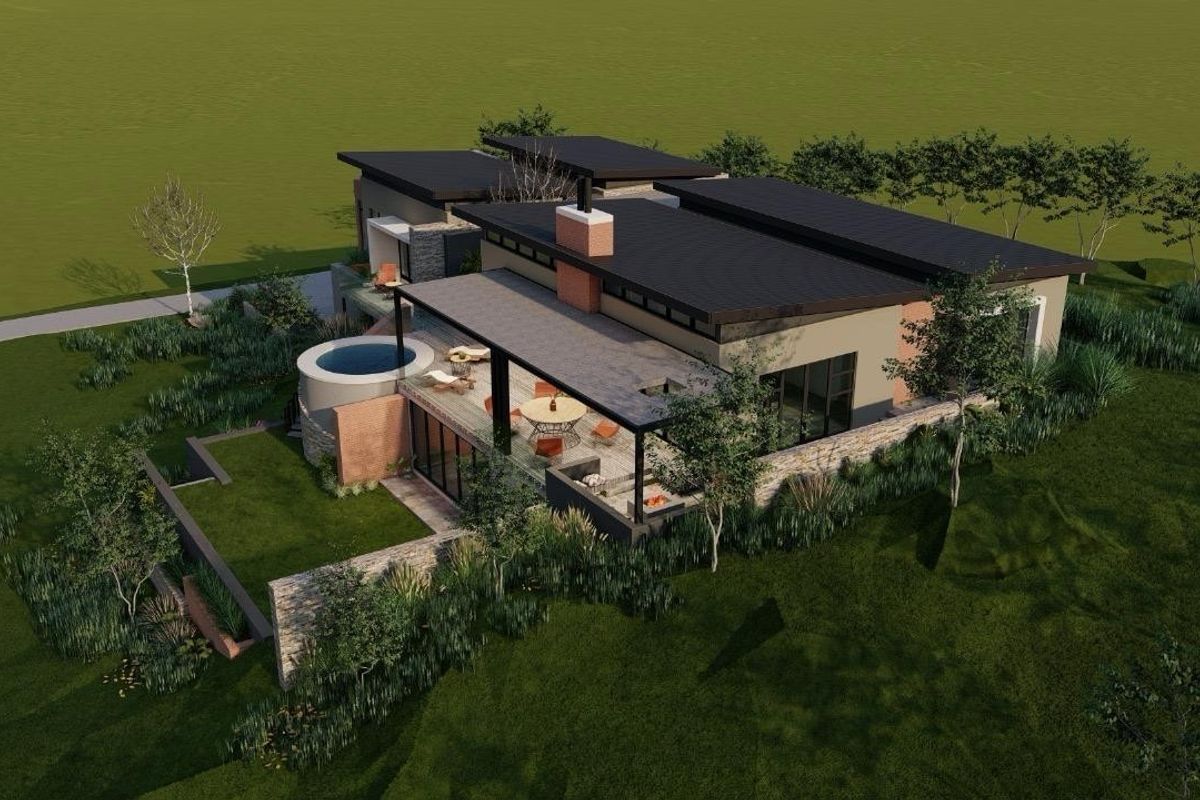 An aerial perspective of a modern residential property design featuring a covered patio, integrated pool, and contemporary architectural finishes.