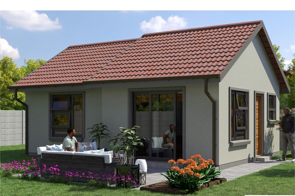A modern residential exterior view featuring a tiled roof, sliding glass doors, and a paved patio area set within a landscaped garden.