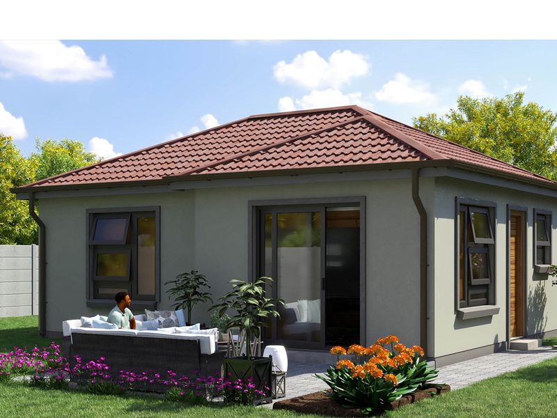 A modern single-story residential home featuring a tiled hip roof, sliding glass doors, and aluminum-framed windows, set within a landscaped garden.
