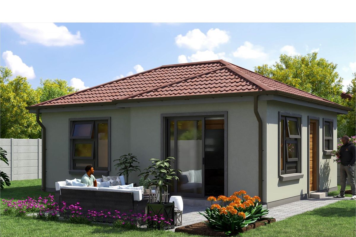 A modern single-story residential home featuring a tiled hip roof, sliding glass doors, and aluminum-framed windows, set within a landscaped garden.
