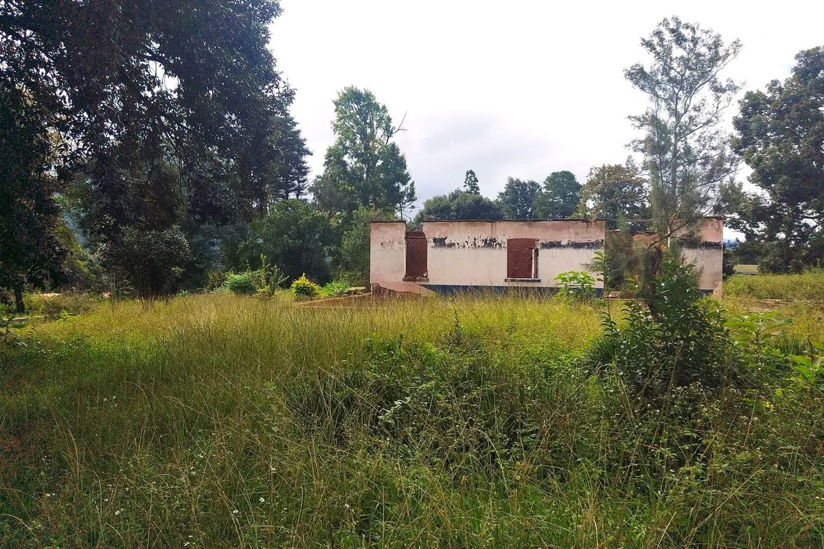 A view of a dilapidated residential structure on a large, overgrown plot of land, showing significant structural deterioration and missing roof components.