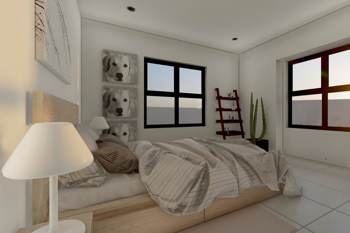 A bright and modern bedroom featuring large windows, recessed ceiling lighting, and neutral tiled flooring.