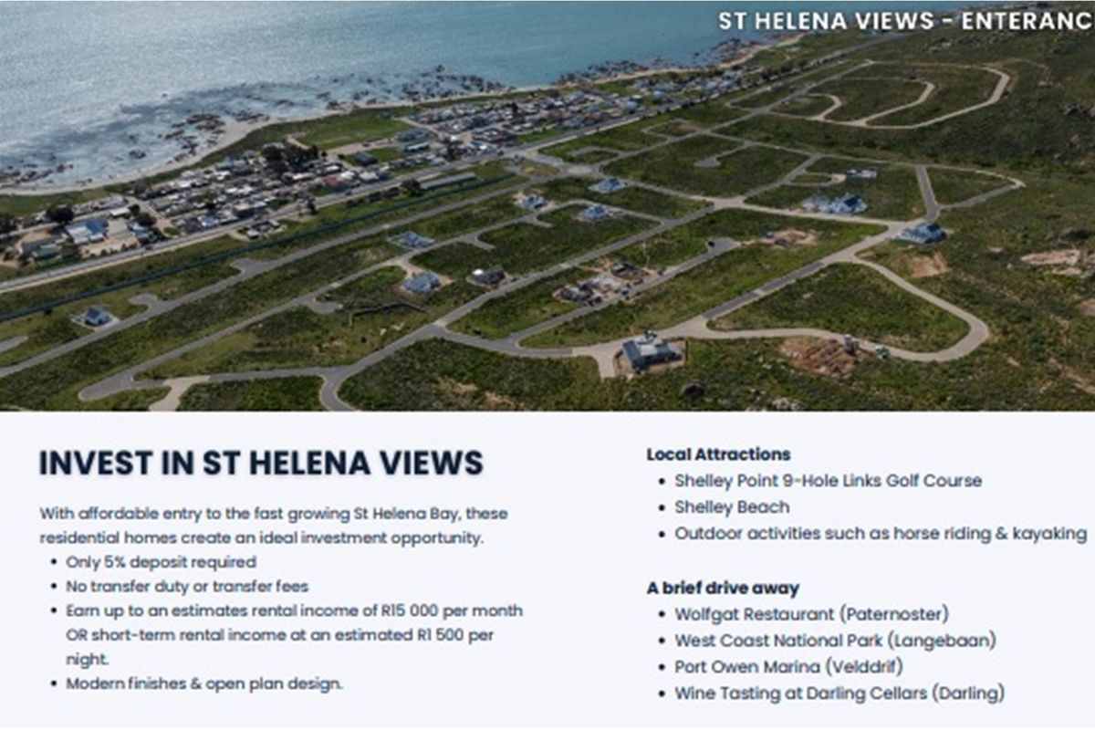 Aerial view of the St Helena Views residential estate development, showcasing the coastal location, road infrastructure, and surrounding landscape.