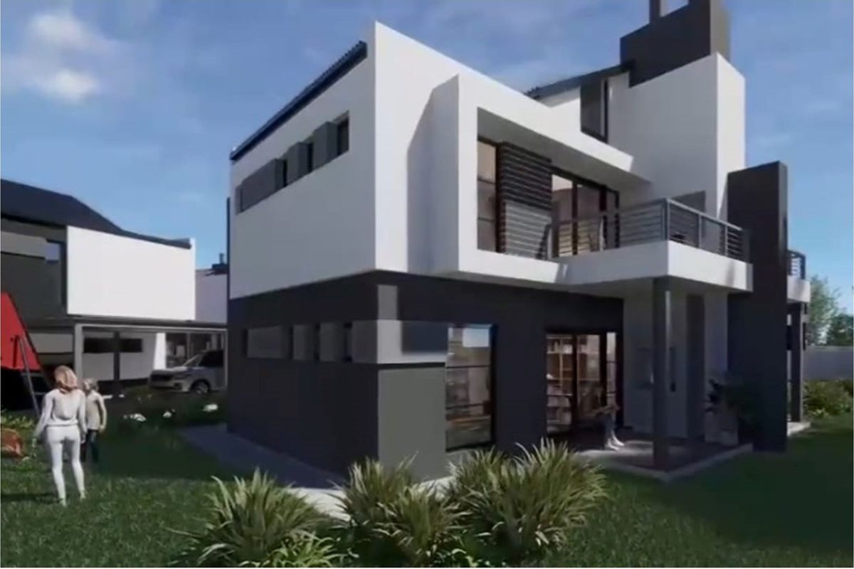A modern architectural rendering of a contemporary two-story apartment building featuring clean lines, a balcony, and a landscaped garden area.