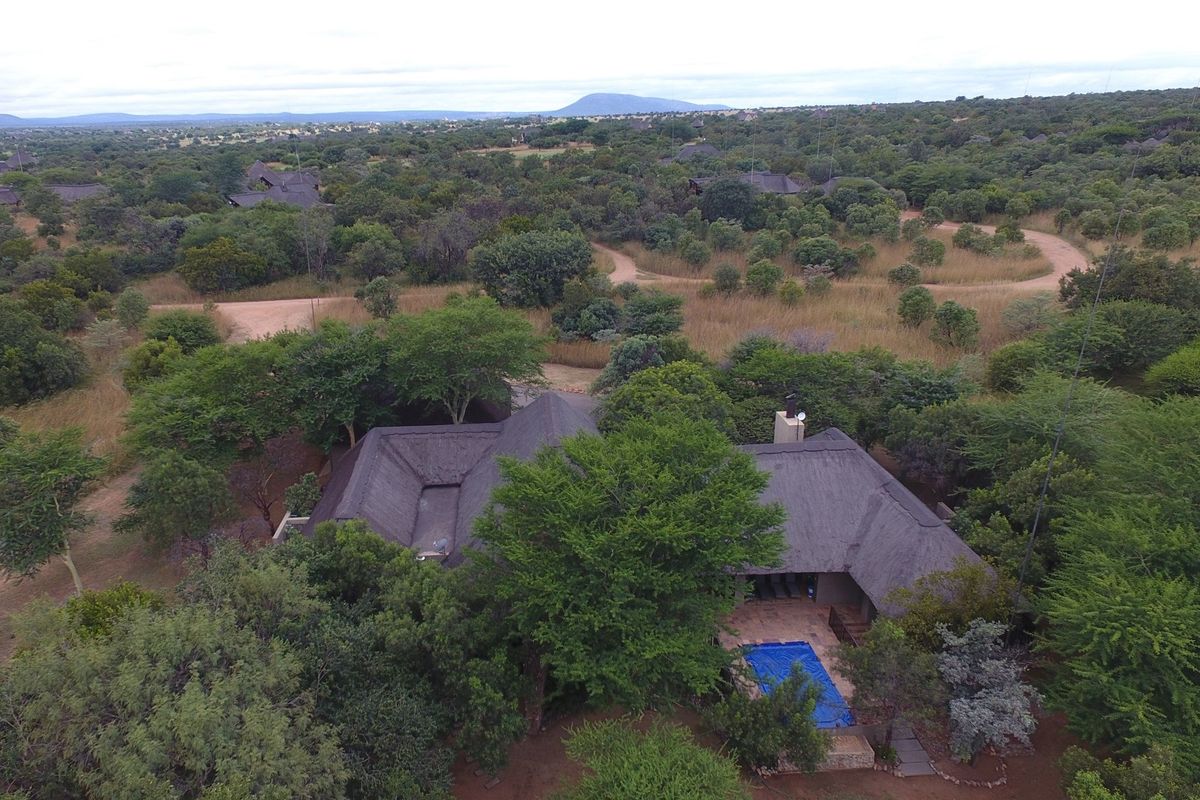 Aerial view of a property featuring a thatched roof house, a swimming pool, and a patio, set within a natural bushveld landscape.