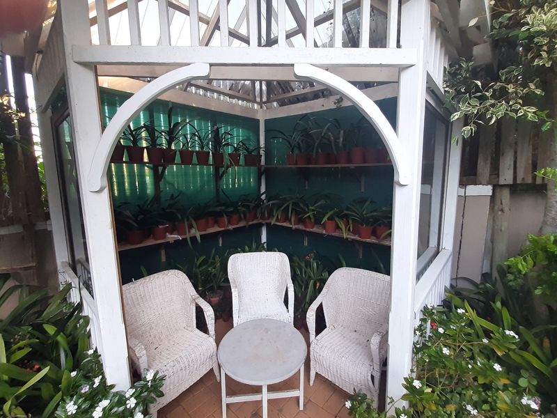 A charming timber gazebo structure featuring built-in shelving, providing a cozy outdoor seating area within the garden setting.