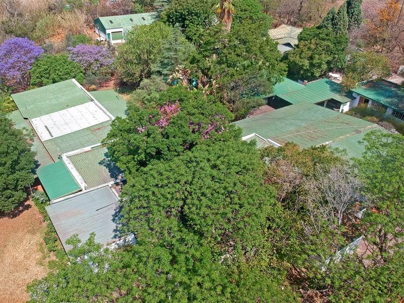 An aerial view of the property showcasing the extensive grounds, mature trees, and multiple building structures with corrugated metal roofing.