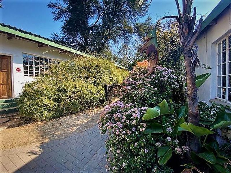 A rear exterior view of the property featuring a paved walkway, established garden beds, and access to the main dwelling via a timber door.