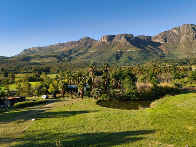 An aerial view of the farm property featuring expansive green pastures, a natural pond, and a scenic mountain backdrop.