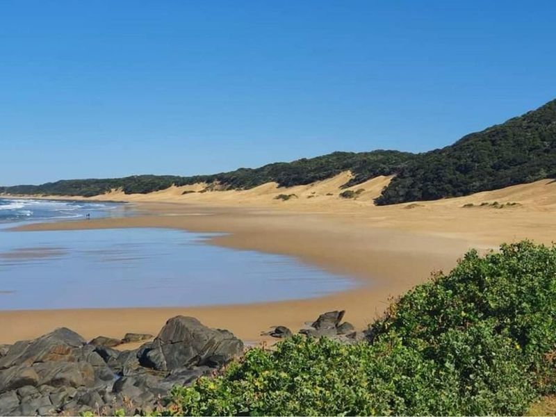 A scenic view of the pristine coastline featuring sandy beaches, natural dunes, and ocean waves, highlighting the natural beauty of the vacant land location.