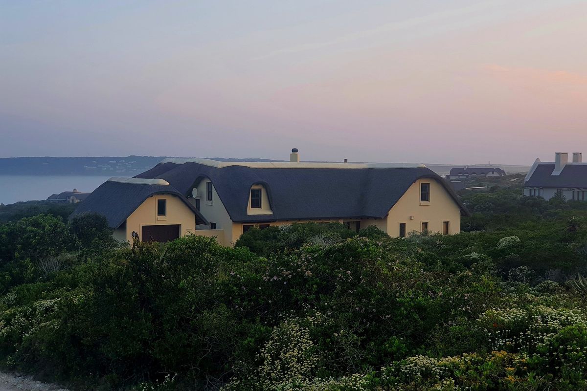 Elevated view of a coastal residence featuring a traditional thatched roof, nestled within lush natural vegetation overlooking the bay.