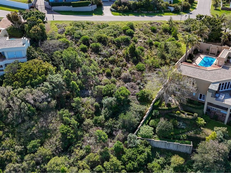 An aerial view of a vacant residential plot featuring dense natural vegetation and established trees, situated in a developed neighborhood.