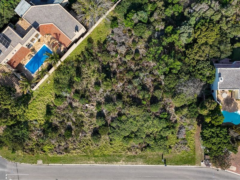 Aerial view of a vacant residential plot featuring natural vegetation, situated between existing developed properties with established landscaping.