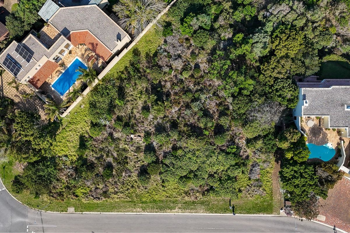 Aerial view of a vacant residential plot featuring natural vegetation, situated between existing developed properties with established landscaping.