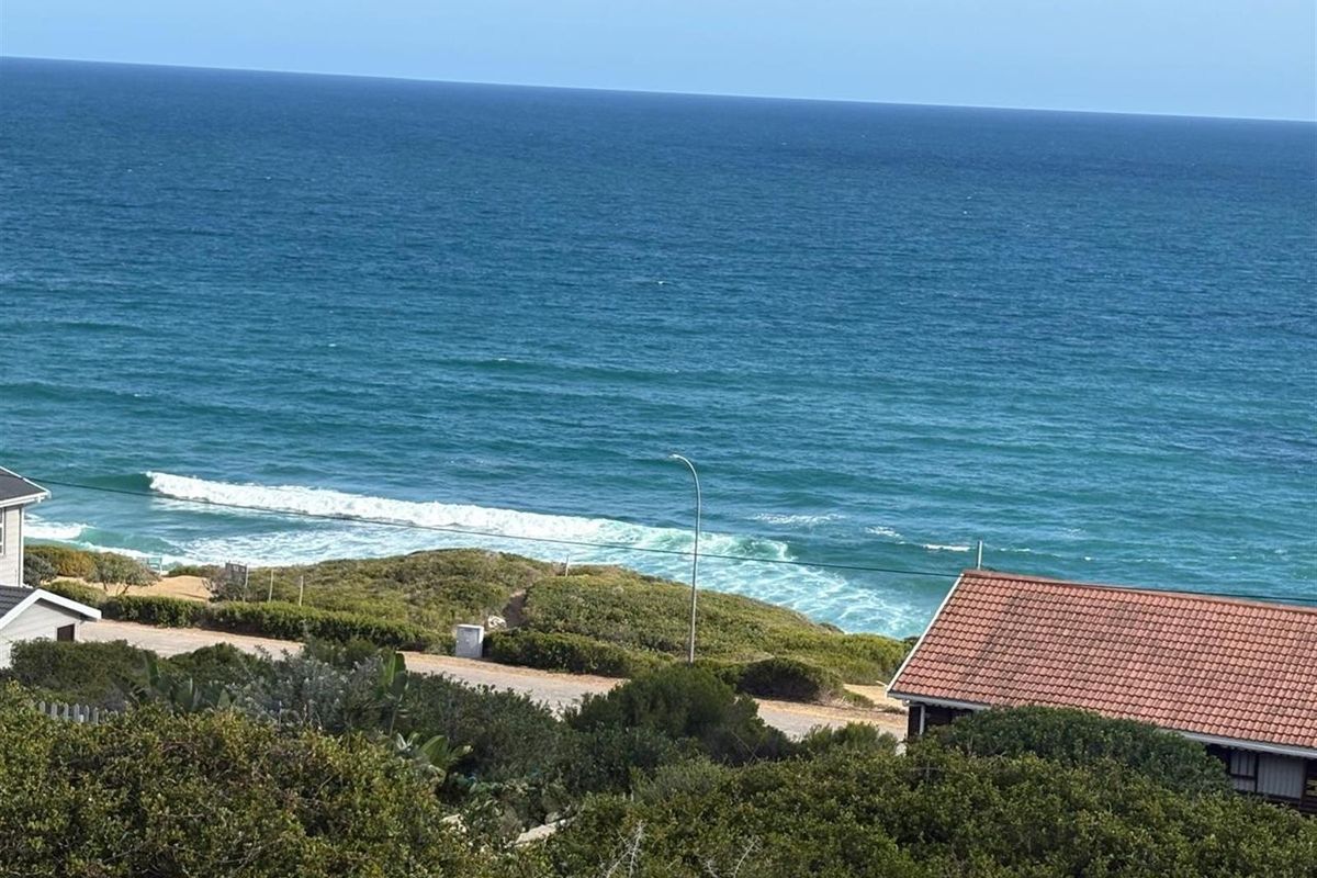 A scenic elevated view overlooking the ocean, coastal vegetation, and nearby residential rooftops.