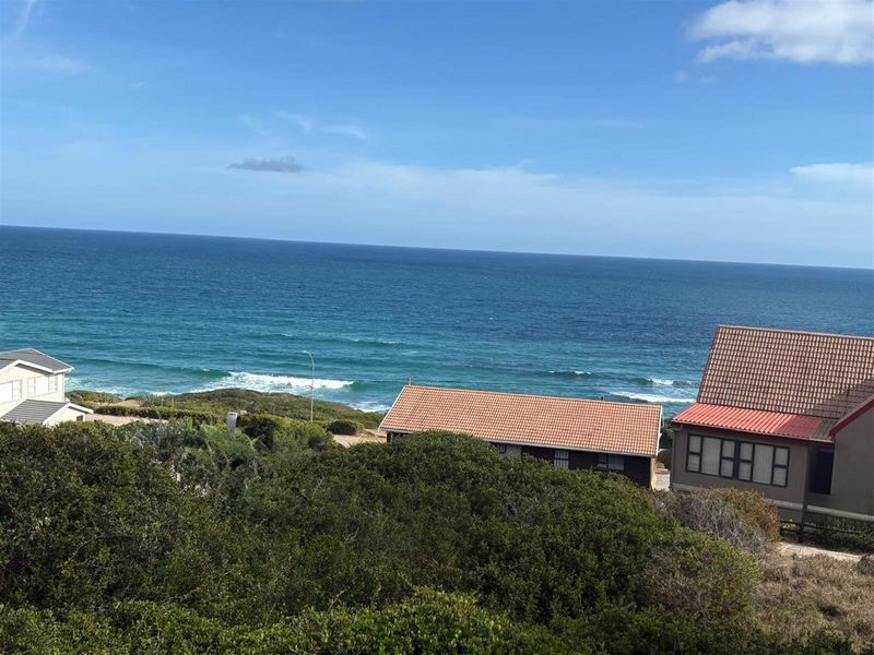 A scenic elevated view overlooking the coastline, featuring lush coastal vegetation and neighboring residential properties with tiled roofs.