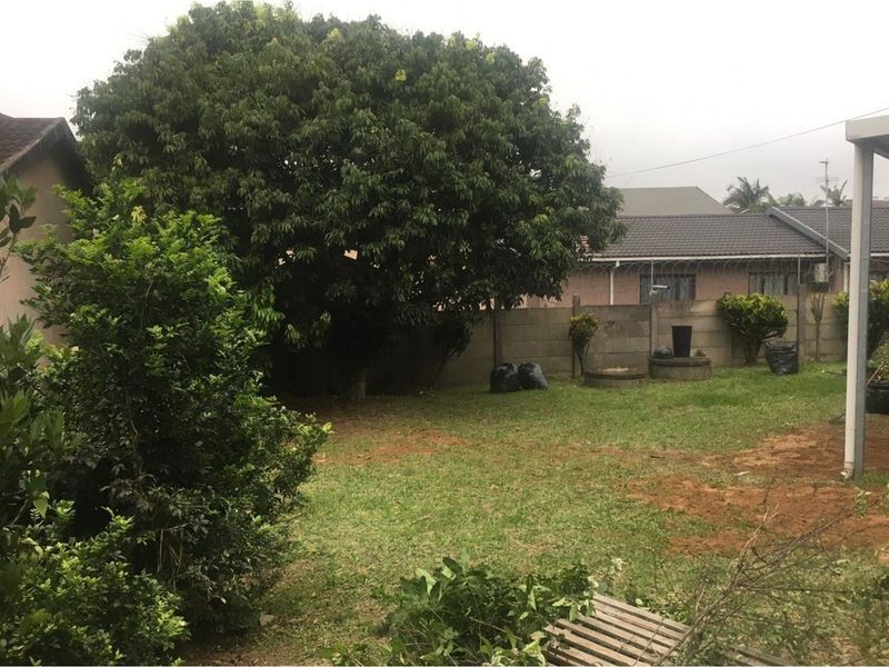 A rear garden area featuring a lawn, mature trees, and a precast concrete boundary wall with security razor wire.