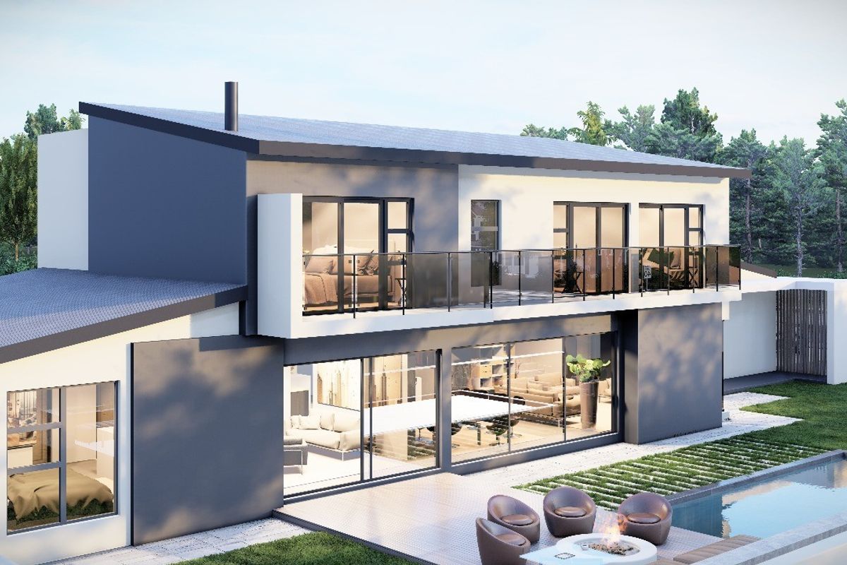 A modern two-story residential property featuring a rear patio, swimming pool, and expansive glass sliding doors leading to an upper-level balcony.