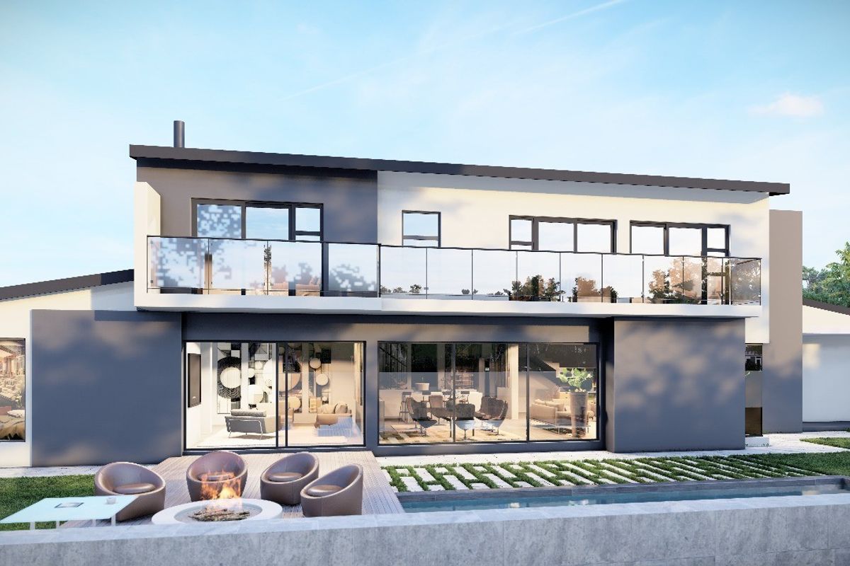 Modern two-story rear elevation featuring a spacious balcony with glass balustrades, large sliding doors, a swimming pool, and a landscaped patio area.