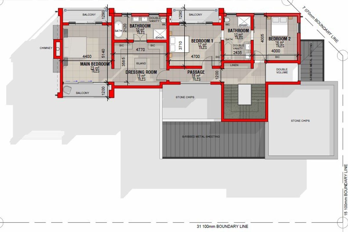 Architectural floor plan showing the layout of the upper level, including bedrooms, bathrooms, dressing room, and balcony access.