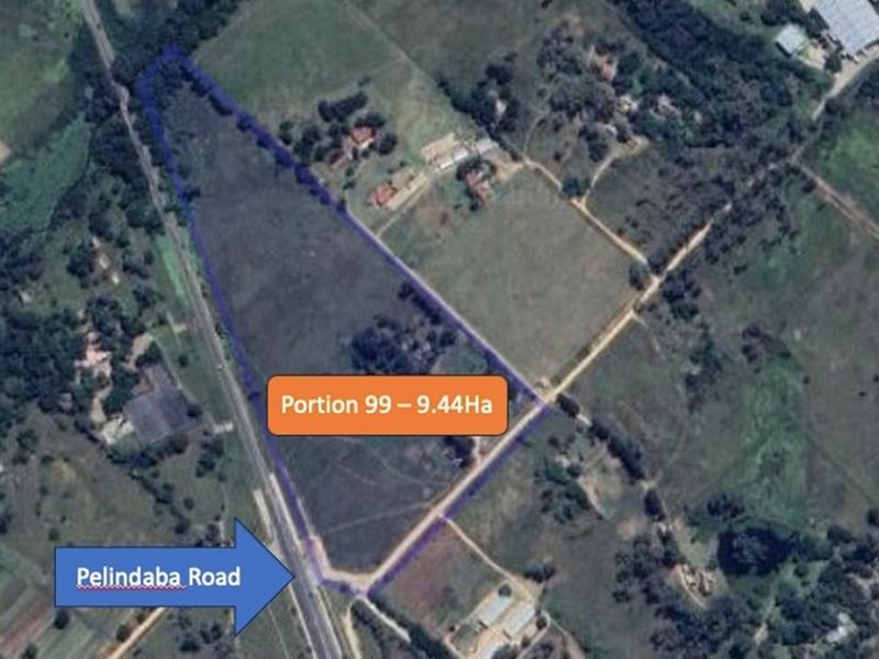 Aerial view of a 9.44-hectare vacant residential land parcel, clearly demarcated with road access from Pelindaba Road.