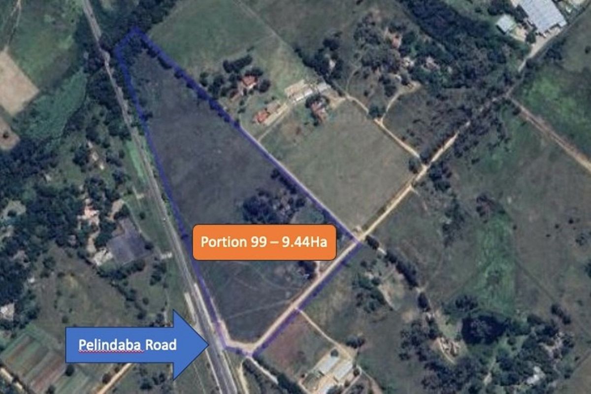 Aerial view of a 9.44-hectare vacant residential land parcel, clearly demarcated with road access from Pelindaba Road.