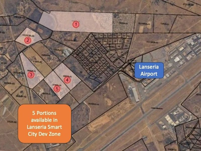 Aerial view of five land portions available for development within the Lanseria Smart City development zone, located near Lanseria Airport.