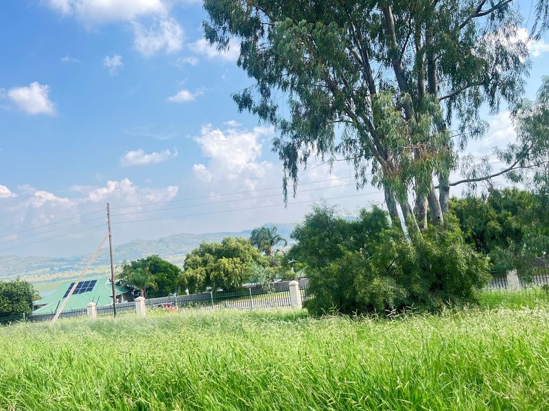 A view of a vacant residential plot featuring mature trees, perimeter fencing, and distant mountain views under a clear sky.