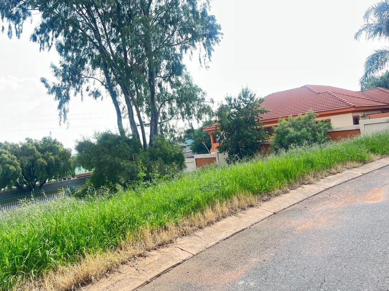 A view of a vacant residential plot featuring established trees and grass, situated along a paved street with neighboring properties visible.