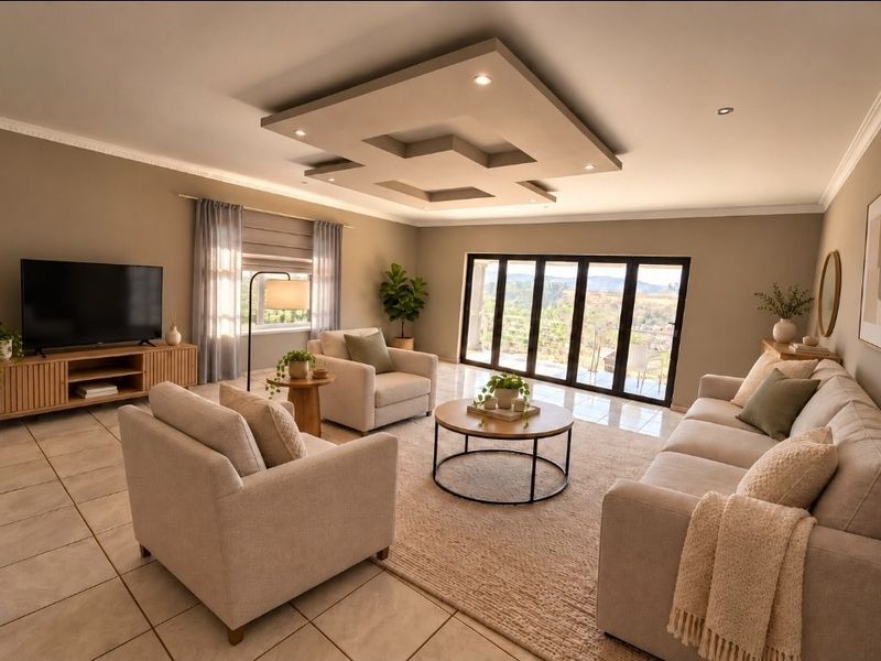 Spacious living room featuring a modern recessed ceiling design, tiled flooring, and large bi-fold doors that provide ample natural light and outdoor access.